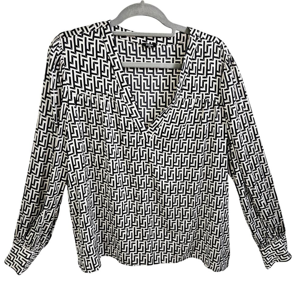 Express V-Neck Popover Blouse Cream Black Geometric Chevron Office Zig Zag XL